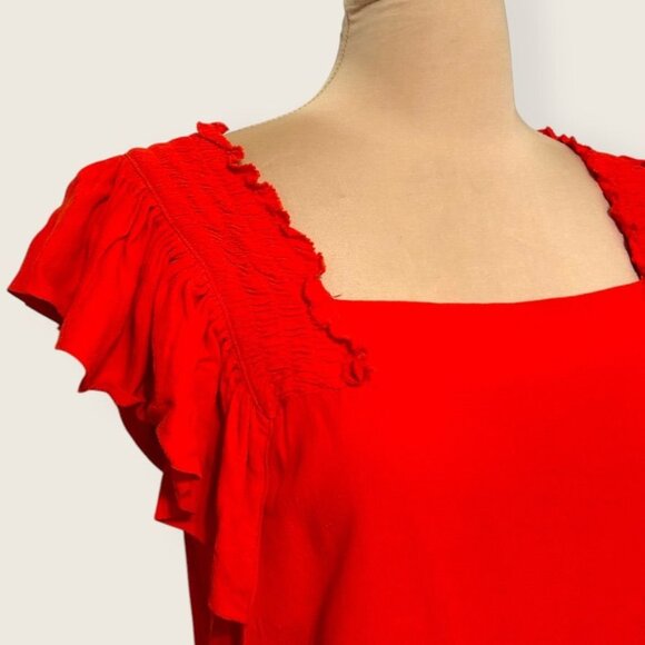 Anthropologie Maeve Red Ruffle Top 8 Smocked Square Neck Peasant Boho EUC - Picture 3 of 8